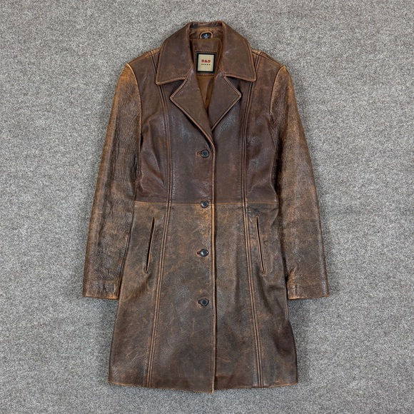 R&O Brand Jackets & Blazers - R&O Brand Brown Distressed Leather Trench Coat Jacket Womens S Mid-Length Patina